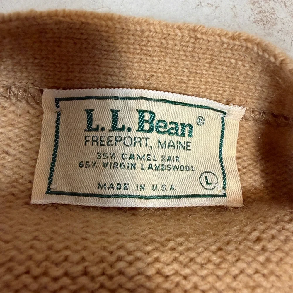 Vintage LL Bean Camel Hair Lambswool Cardigan Suede Elbow Patches Tan Mens L USA